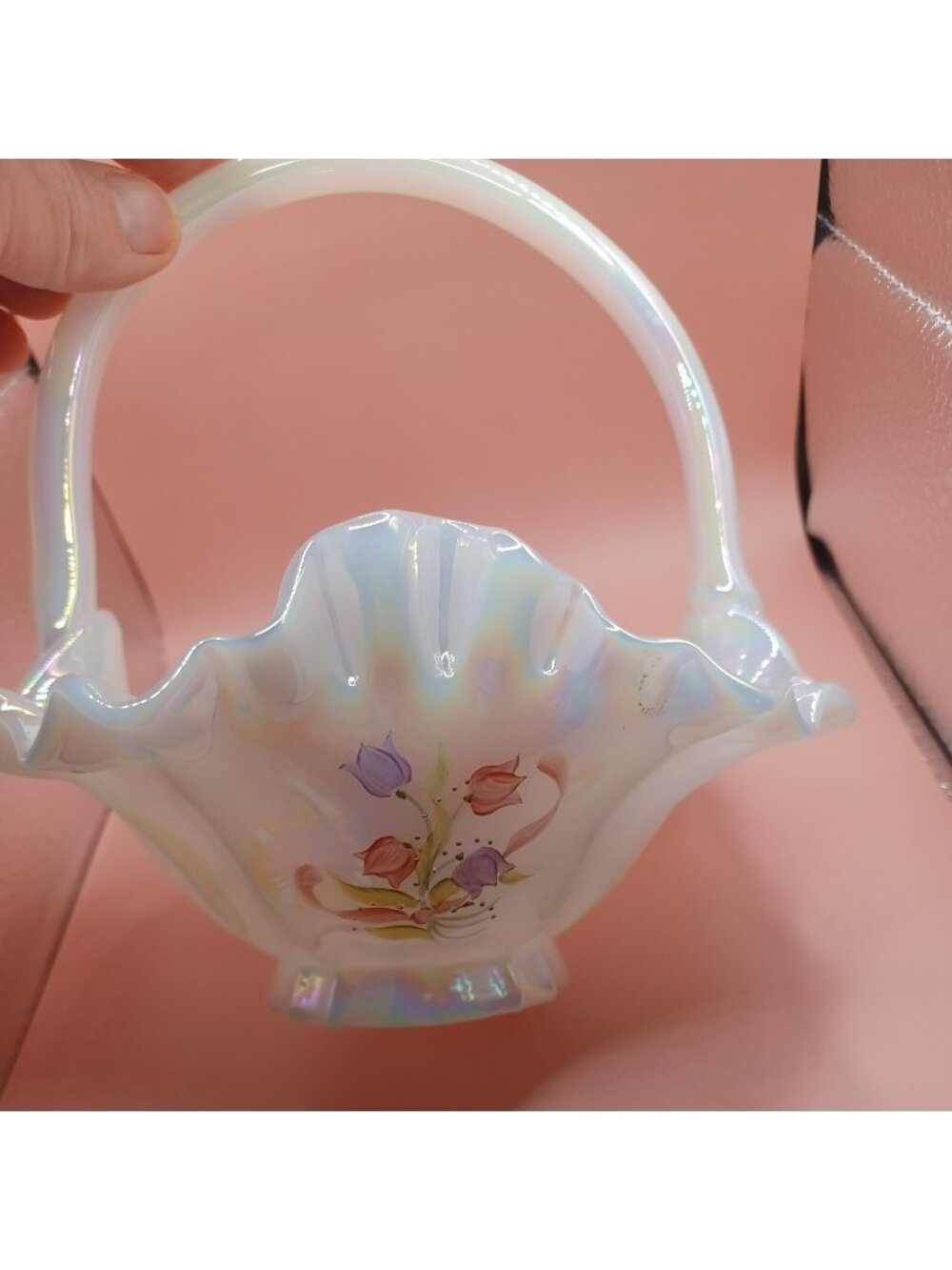 Martha Reynolds Fenton hand painted white opalescent basket signed M. Reynolds